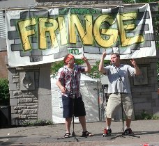 Mike and Tim
entertain the empty Beer Tent