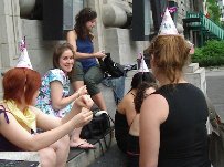 cast
of Dancing in My Unbirthday Suit waiting for venue to open